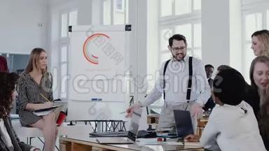 健康的工作场所。 快乐的年轻老板商人激励同事在现代办公室会议慢动作红色EPIC。